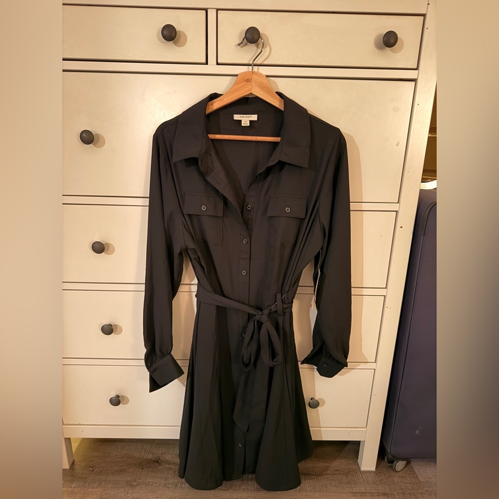ON-34TH Black Button Front Shirt Dress 0X NWT Long Sleeve Belted Midi